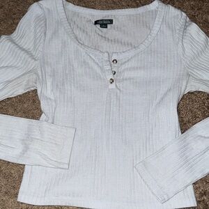 Wild Fable White Ribbed Henley Button-Front Long Sleeve Top Womens Small